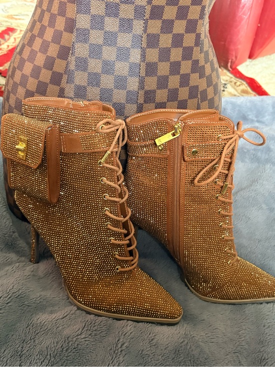 Jennifer Lopez Shoes - Jennifer Lopez Brown Crystal Lace-Up Stiletto Boots